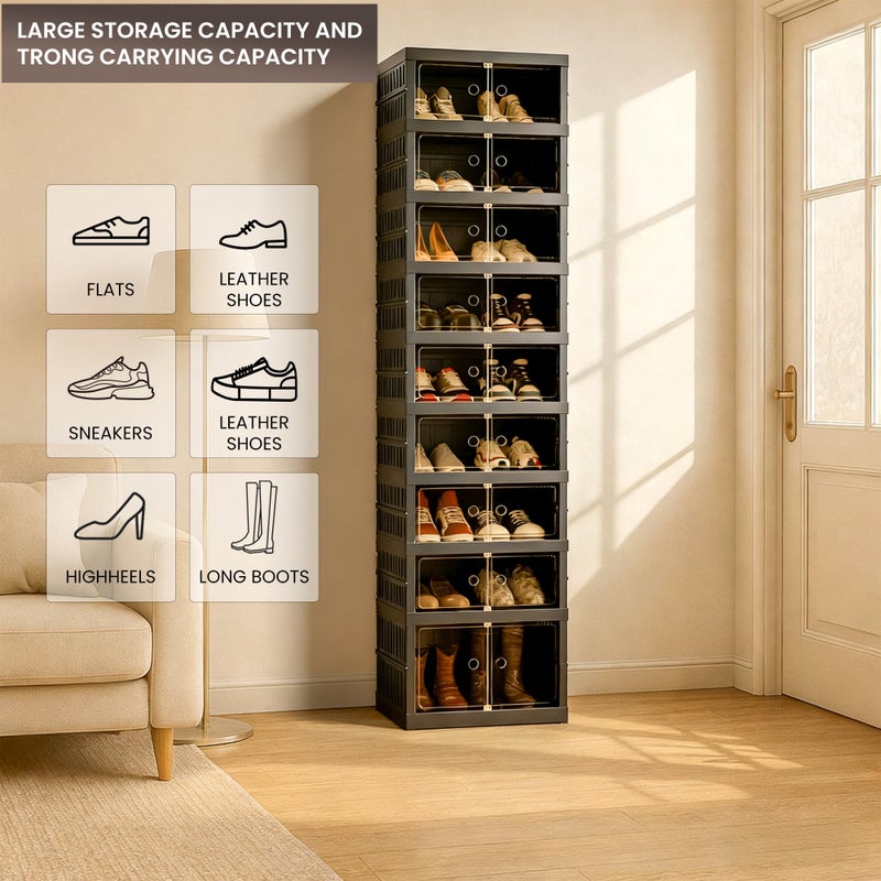 Tykacna Foldable Shoe Organizer Storage Box, Portable Extra Large Folding Shoe Rack for Closet, Shoe Storage Box with Magnetic Transparent Door and Wheels, 9 Layers 18 Grids with 2 Big Grids - Image 5