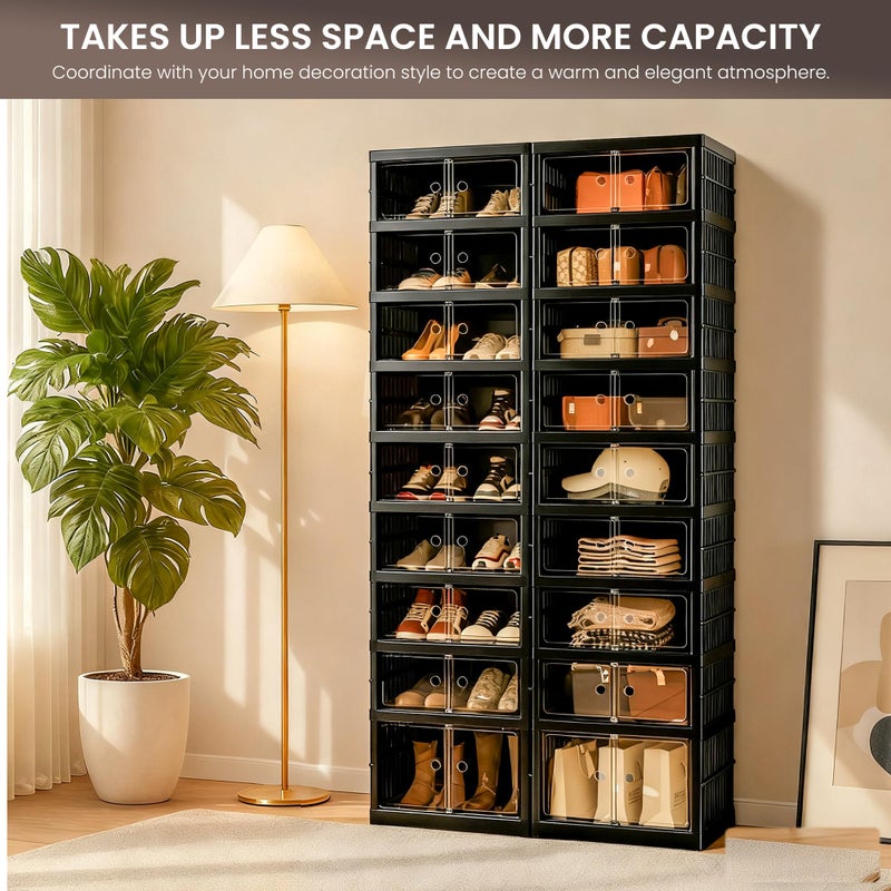 Tykacna Foldable Shoe Organizer Storage Box, Portable Extra Large Folding Shoe Rack for Closet, Shoe Storage Box with Magnetic Transparent Door and Wheels, 9 Layers 18 Grids with 2 Big Grids - Image 4