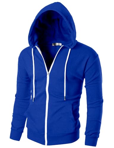 Ohoo Men's Zip Up Hoodie Lightweight Slim Fit Sweatshirt Full Zip Hooded Jacket / DCF002-BLUE-2XL - Image 1