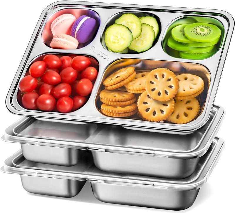KTKUDY Stainless Steel Snack Containers with Plastic Lids - 3 Pack - 5 Compartments Bento Snack Boxes - Large Reusable Meal Prep for Kids Adult - Divided Food Storage Container for School, Lunch, Home Travel - Image 1