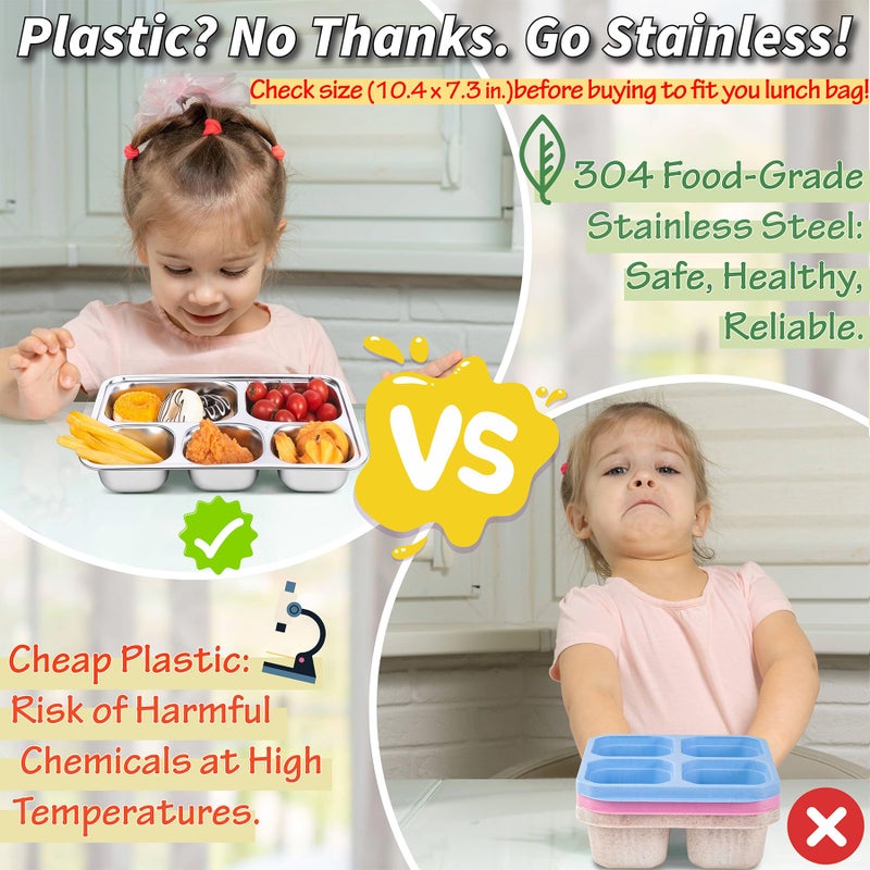 KTKUDY Stainless Steel Snack Containers with Plastic Lids - 3 Pack - 5 Compartments Bento Snack Boxes - Large Reusable Meal Prep for Kids Adult - Divided Food Storage Container for School, Lunch, Home Travel - Image 3