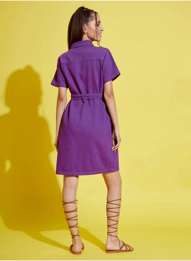 نو- ڤو Denim Collared Shirt Dress with Tie Up Belt by Styli