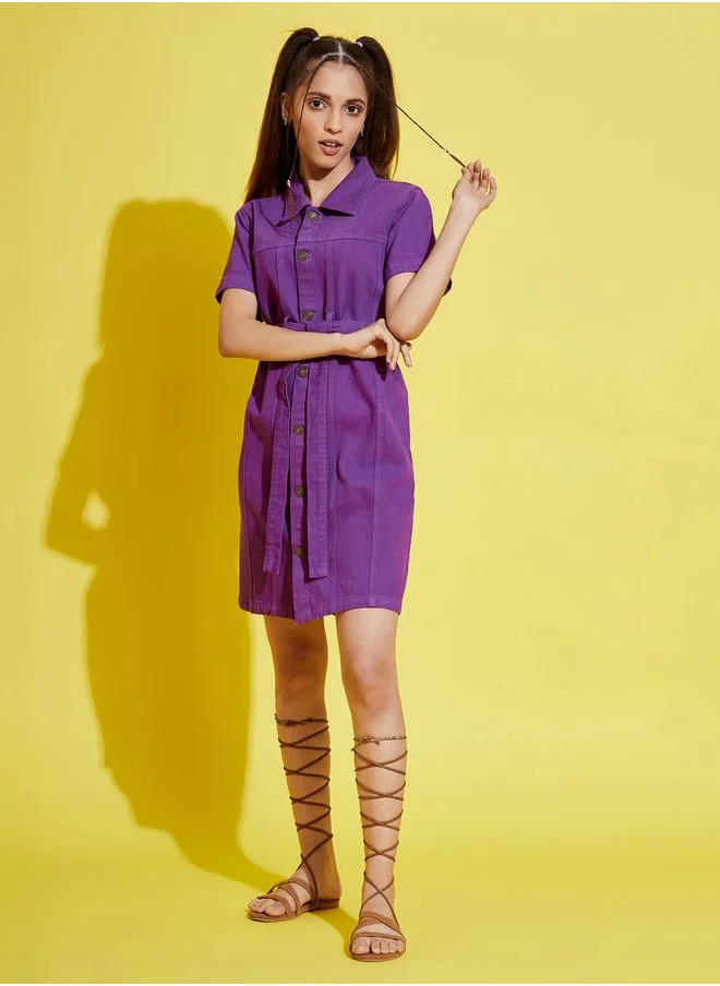 نو- ڤو Denim Collared Shirt Dress with Tie Up Belt by Styli