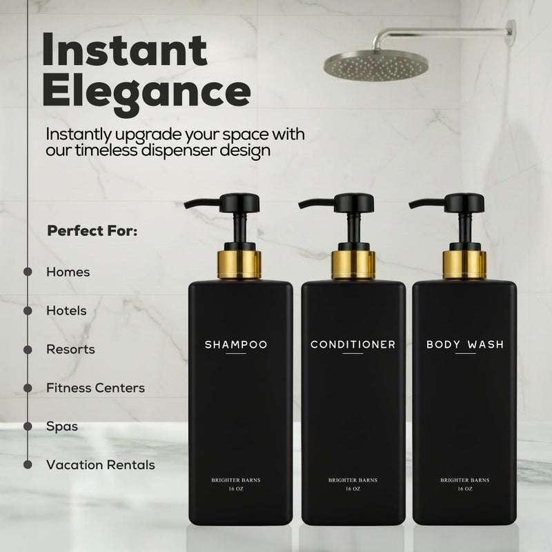Brighter Barns Black Shampoo and Conditioner Dispenser Set by Brighter Barns - Body Wash and Shower Soap Dispenser - Refillable Shampoo and Conditioner Bottles for Gold Bathroom Decor, Guest Bathroom, Airbnb (Black) - Image 2