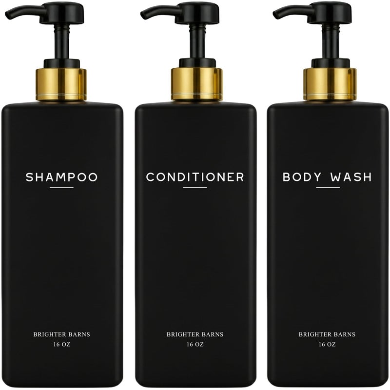 Brighter Barns Black Shampoo and Conditioner Dispenser Set by Brighter Barns - Body Wash and Shower Soap Dispenser - Refillable Shampoo and Conditioner Bottles for Gold Bathroom Decor, Guest Bathroom, Airbnb (Black) - Image 1