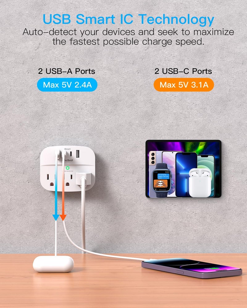 One Beat 2 Pack Multi Plug Outlet Splitter with USB,Surge Protector Outlet Extender with 3 Wall Outlets 4 USB Wall Charger(2 USB C),490 J, ETL Listed,Small Outlet Adapter Plug Extender for Travel,WH - Image 3