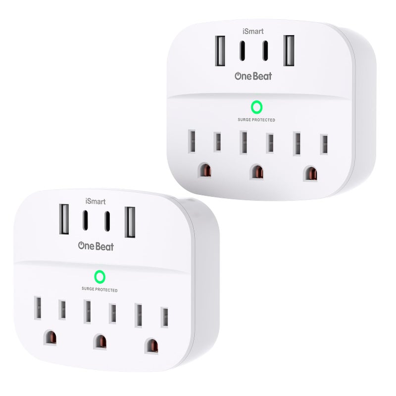 One Beat 2 Pack Multi Plug Outlet Splitter with USB,Surge Protector Outlet Extender with 3 Wall Outlets 4 USB Wall Charger(2 USB C),490 J, ETL Listed,Small Outlet Adapter Plug Extender for Travel,WH - Image 1