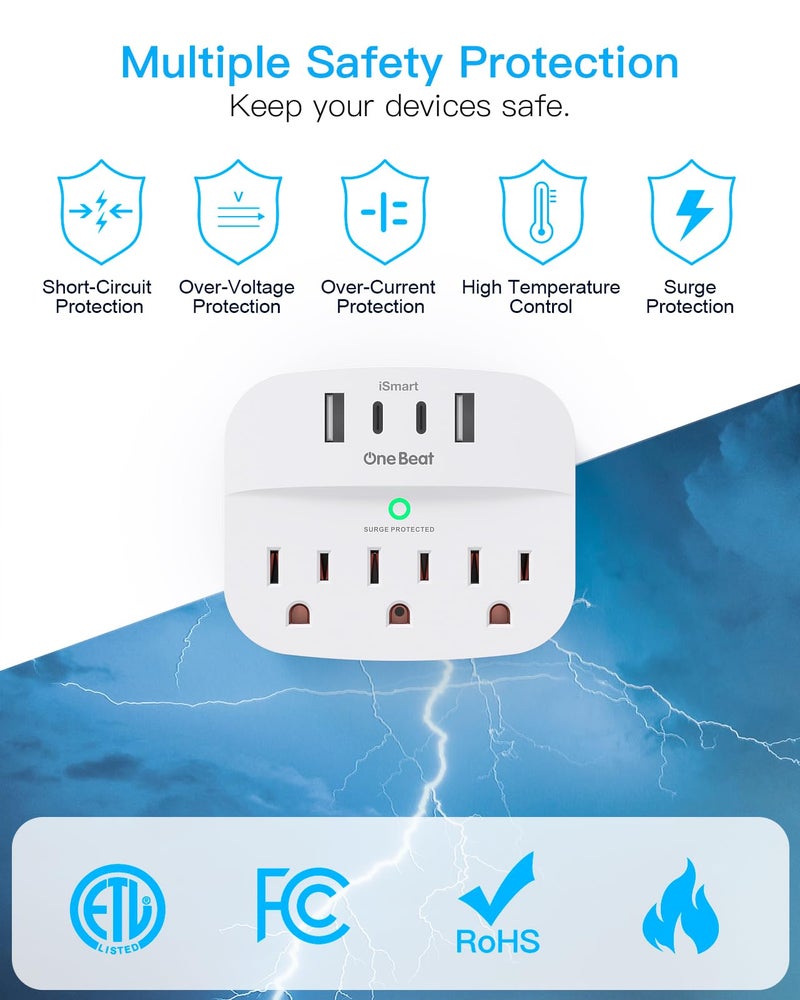 One Beat 2 Pack Multi Plug Outlet Splitter with USB,Surge Protector Outlet Extender with 3 Wall Outlets 4 USB Wall Charger(2 USB C),490 J, ETL Listed,Small Outlet Adapter Plug Extender for Travel,WH - Image 4