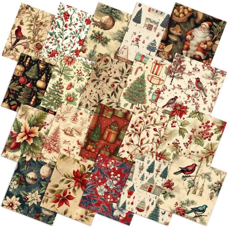 FuWeave 60 Pcs 10 x 10 Inch Vintage Christmas Quilting Fabric Rustic Christmas Fat Squares Patchwork Precut Strips Santa Claus Red Cardinal Fabric Bundles for Xmas Quilting Crafting DIY Craft Sewing