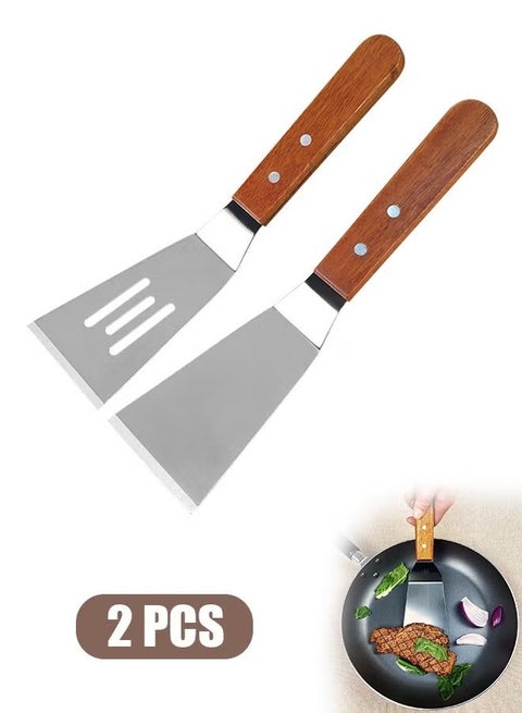 2 Pcs Metal Spatulas Set with Beveled Edges, Stainless Steel Metal Spatula for Cast Iron Skillet, Wok Flat Top Small Metal Spatula Turner with Wood Handle (Silver)
