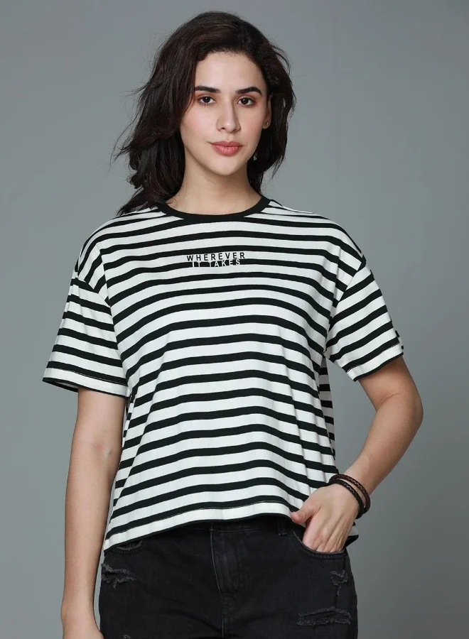 HIGH STAR Women's Black 100% Cotton Striped Boxy T-Shirt