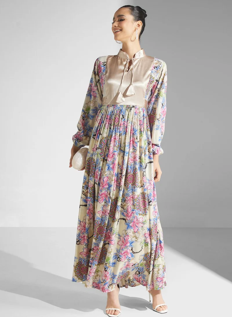 Golden Apple Floral Print Puff Sleeve Jalabiya