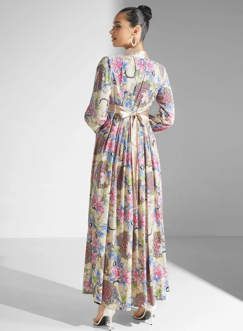 Golden Apple Floral Print Puff Sleeve Jalabiya