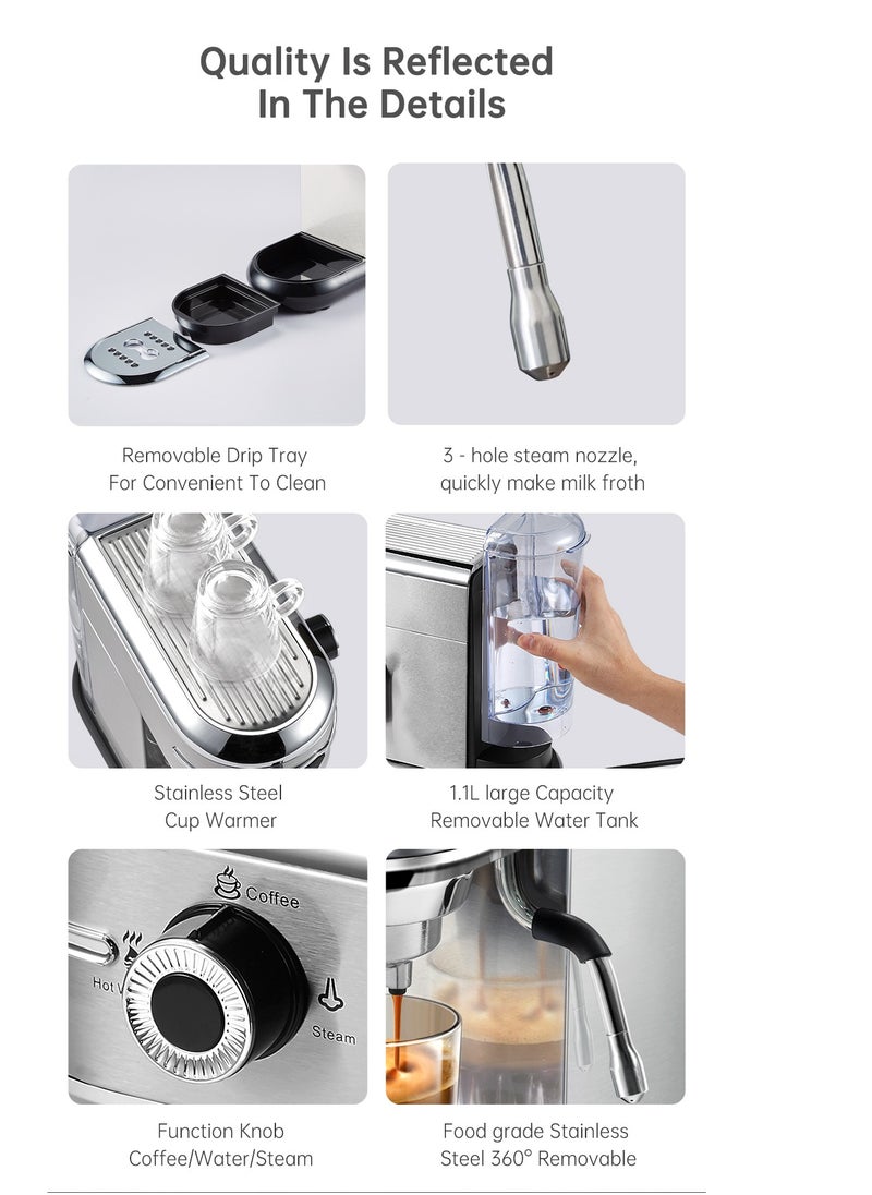HiBREW - HiBREW Coffee Maker Cafetera  Inox Semi Automatic Super Slim ESE POD& Powder Espresso Cappuccino Machine 1450W H11-UK-N - Image 1