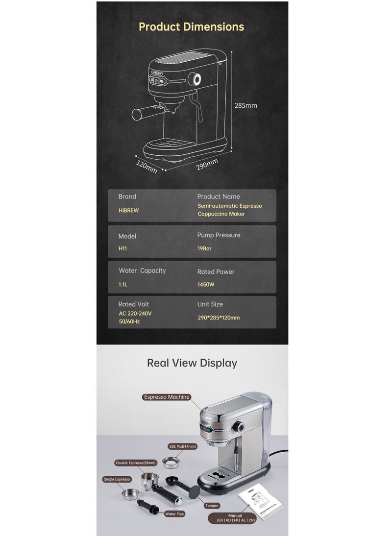 HiBREW - HiBREW Coffee Maker Cafetera  Inox Semi Automatic Super Slim ESE POD& Powder Espresso Cappuccino Machine 1450W H11-UK-N - Image 1