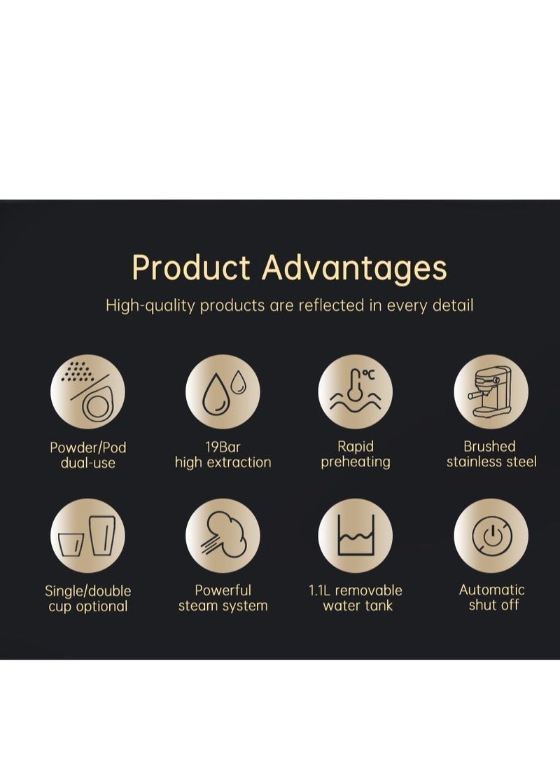 هيبرو هاي برو ماكينة صنع القهوة كافيتيرا اينوكس شبه اوتوماتيك سوبر سليم ESE POD & مسحوق اسبريسو كابتشينو ماكينة 1450W H11-UK-N - Image 5