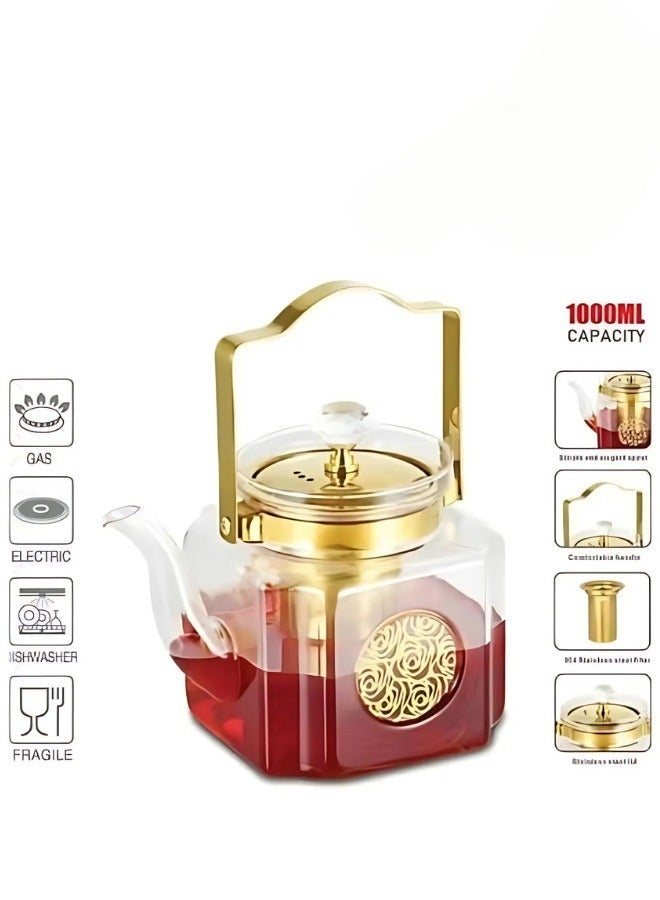 ال سي ابريق شاي زجاجي سعة 1000 مل مع مصفاة ستانلس ستيل ومقبض ذهبي - Image 1
