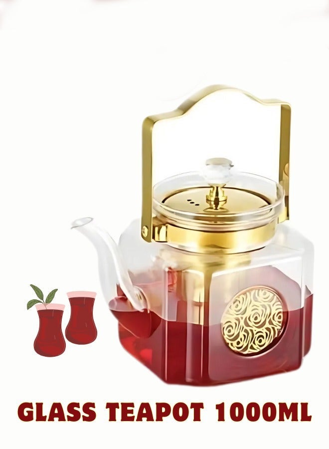 ال سي ابريق شاي زجاجي سعة 1000 مل مع مصفاة ستانلس ستيل ومقبض ذهبي - Image 2
