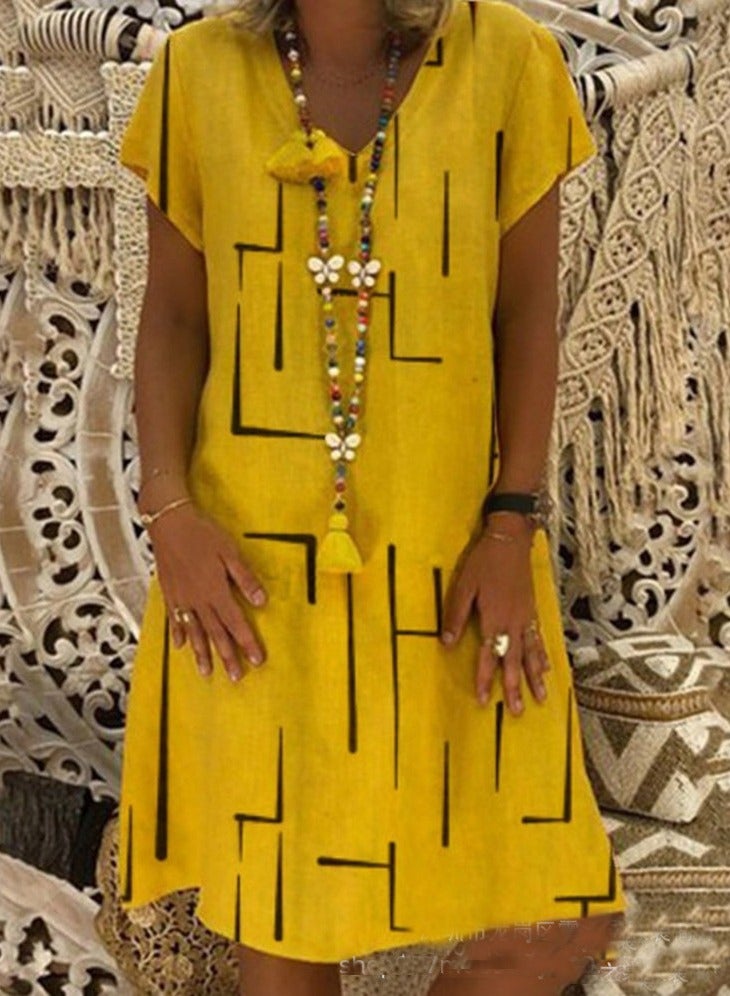 NIBEMINENT Summer Fashion Midi Dress Women Print V Neck Short Sleeve Vintage Loose Dresses Female Casual Beach Boho Dress - Image 1