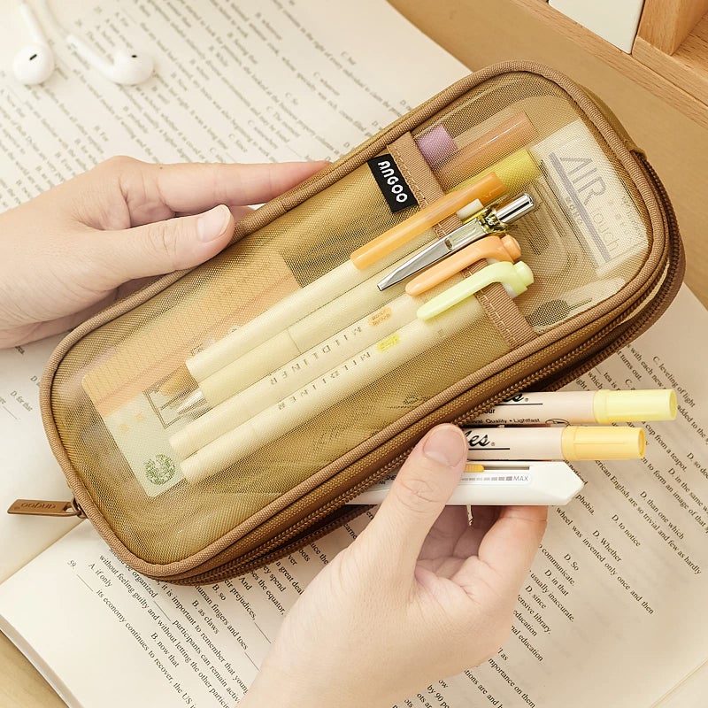 EASTHILL Grid Mesh Pen Pencil Case with Zipper Clear Makeup Color Pouch Cosmetics Bag Multi-Purpose Travel School Teen Girls Transparent Stationary Bag Office Organizer Box for Adluts(Khaki) - Image 2