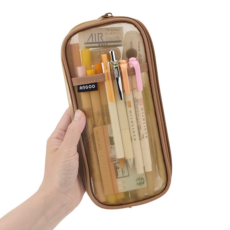 EASTHILL Grid Mesh Pen Pencil Case with Zipper Clear Makeup Color Pouch Cosmetics Bag Multi-Purpose Travel School Teen Girls Transparent Stationary Bag Office Organizer Box for Adluts(Khaki) - Image 1