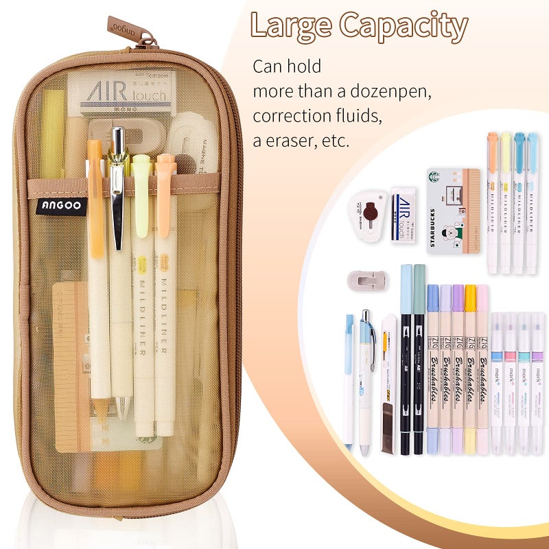 EASTHILL Grid Mesh Pen Pencil Case with Zipper Clear Makeup Color Pouch Cosmetics Bag Multi-Purpose Travel School Teen Girls Transparent Stationary Bag Office Organizer Box for Adluts(Khaki) - Image 3