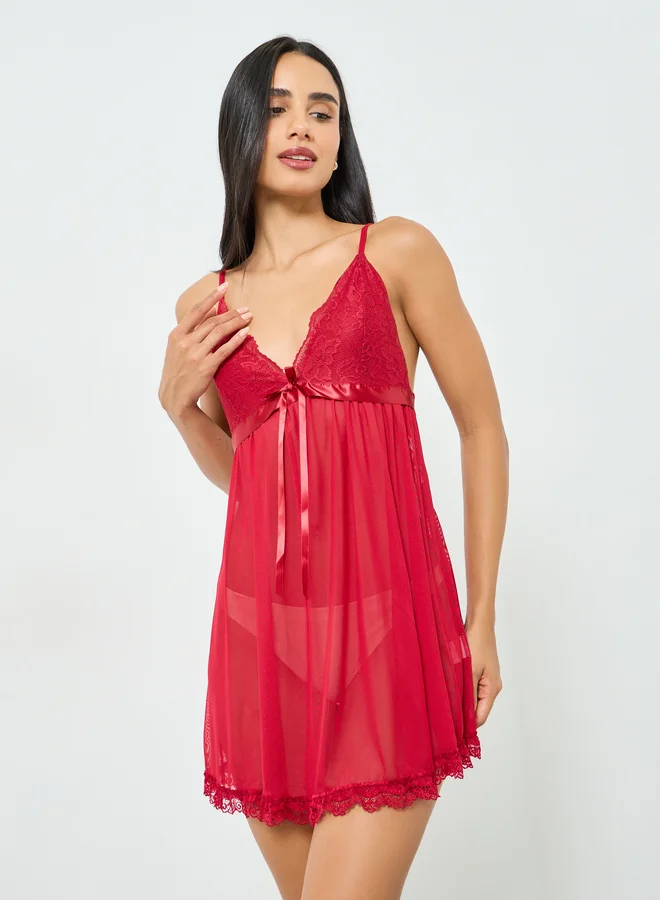Take Two Red Lace Trim Bow Detail Slip Dress