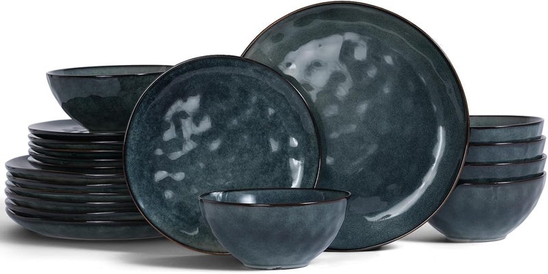Famiware Ocean Round Plates and Bowls Set 18 Pieces Dinnerware Sets Dishes Set for 6 Reactive Glaze Microwave and Dishwasher Safe Scratch Resistant Deep Forest - Image 1