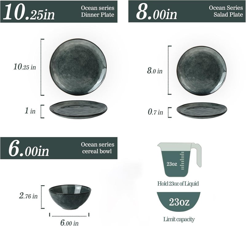 Famiware Ocean Round Plates and Bowls Set 18 Pieces Dinnerware Sets Dishes Set for 6 Reactive Glaze Microwave and Dishwasher Safe Scratch Resistant Deep Forest - Image 2