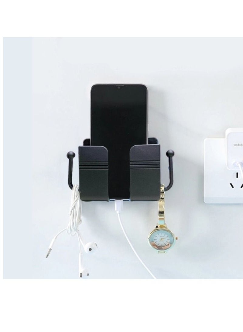 DIGI CORE - Wall Mount Phone Holder Phone Stand With Data Cable And Hooks Receiving Hole Multi Purpose Phone Charging Dock With Adhesive Phone Holder For Shower Compatible With iPhone And Android Black - Image 1
