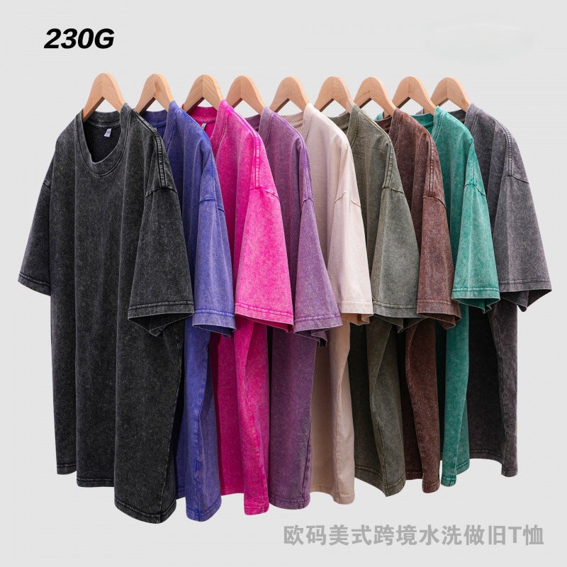 Men'S T-Shirt 230G Acid-Washed Fried Snowflake Loose Old Retro Washed Short-Sleeved Men'S Pure Cotton T-Shirt Off-Shoulder European Size - Image 2
