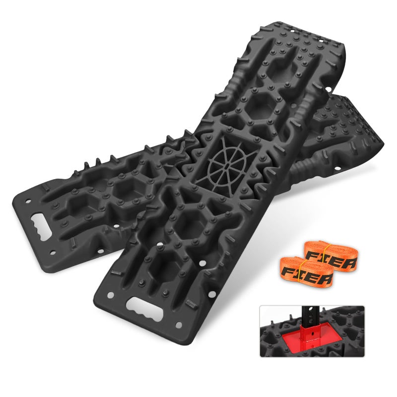 FieryRed Traction Boards Offroad Recovery Boards with Jack Lift Base 2Pcs Traction Mat Recovery Tracks for Sand Mud Snow Track Tire Ladder 4X4 Come with 2 Leashes Black