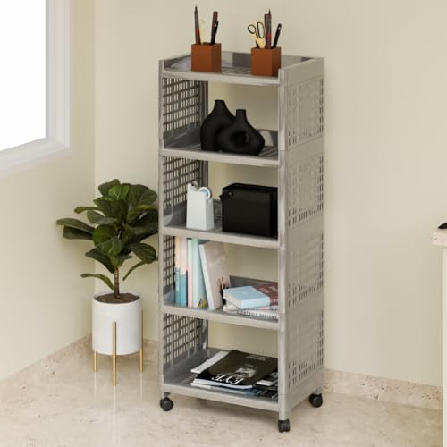 Biltoxi Plastic Multipurpose Storage Racks | 5 Shelfs Storage Organizer Racks for Home, Kitchen, Bathroom | Kitchen Trolley Rack with Wheels (Silver) - Image 1