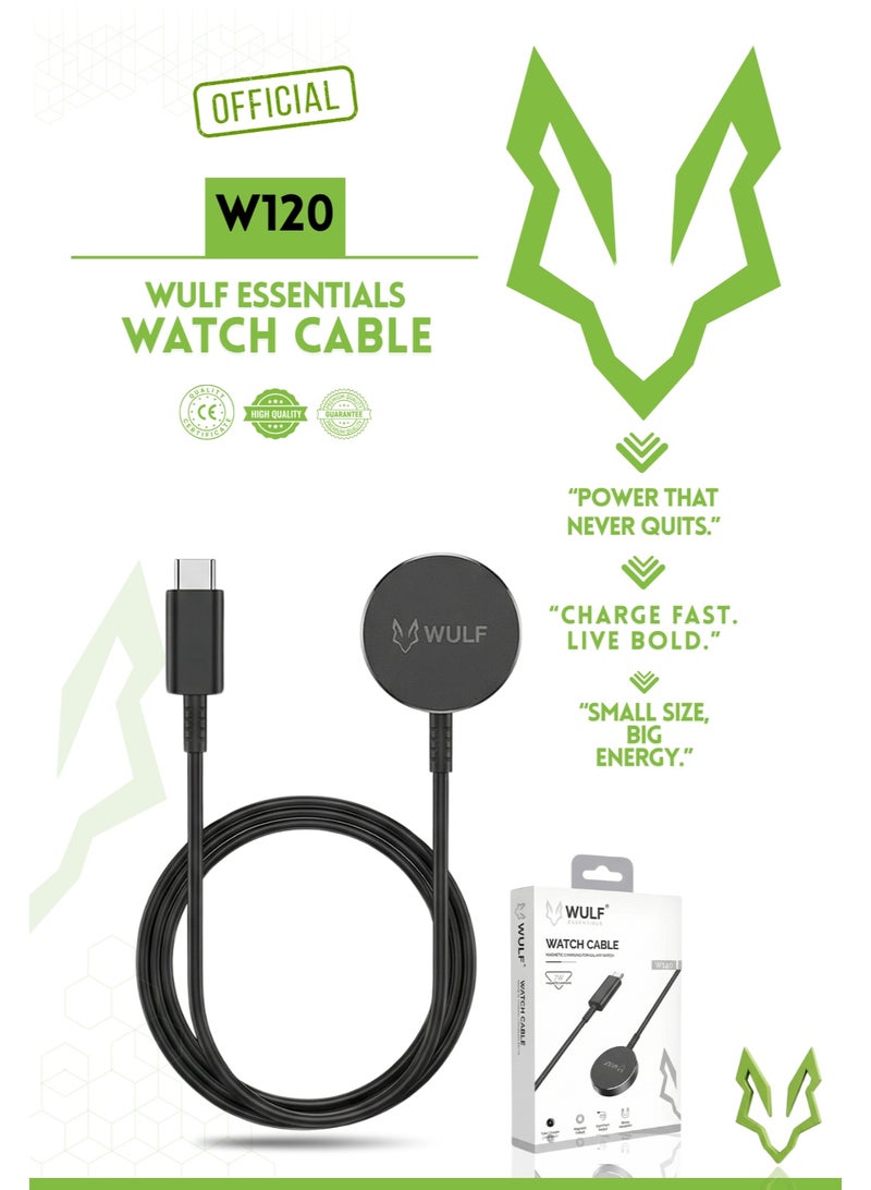 وولف إسينشيالز كابل شحن الساعات المغناطيسي WULF Essentials W120، شاحن ساعات ذكية سريع الشحن من نوع USB Type-C، تصميم صغير الحجم ومتين - أسود - Image 2