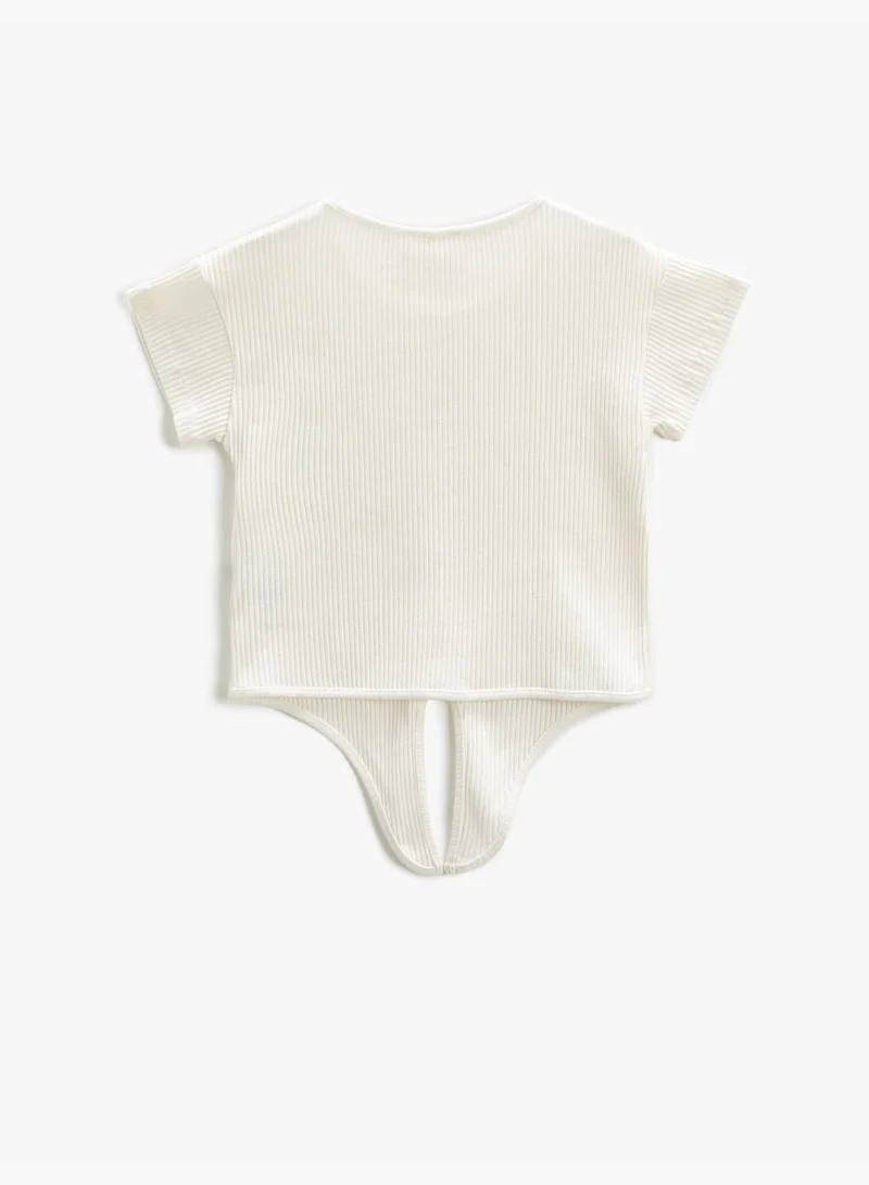 KOTON Basic Crop T-Shirt Tie-Front Detail Ribbed Button Short Sleeve