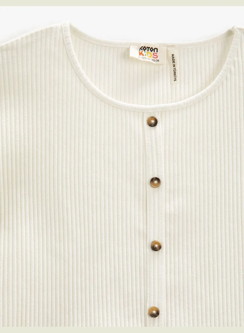 KOTON Basic Crop T-Shirt Tie-Front Detail Ribbed Button Short Sleeve