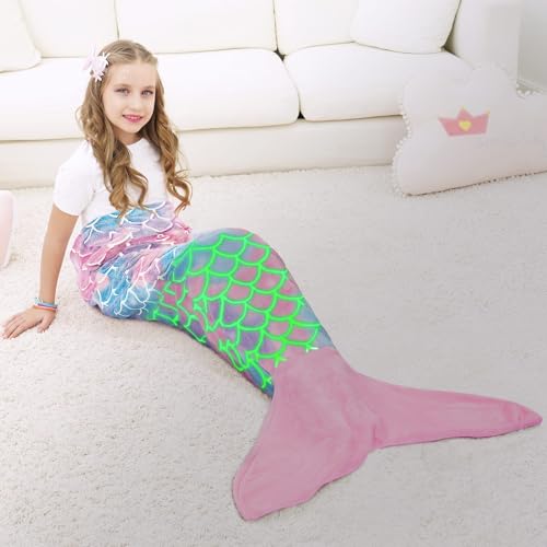WERNNSAI Mermaid Tail Blanket for Kids Glow in The Dark Mermaid Wearable Blanket for Girls Winter Soft Flannel Scale Sleeping Bags for Kids Birthday 43 x 15 - Image 1