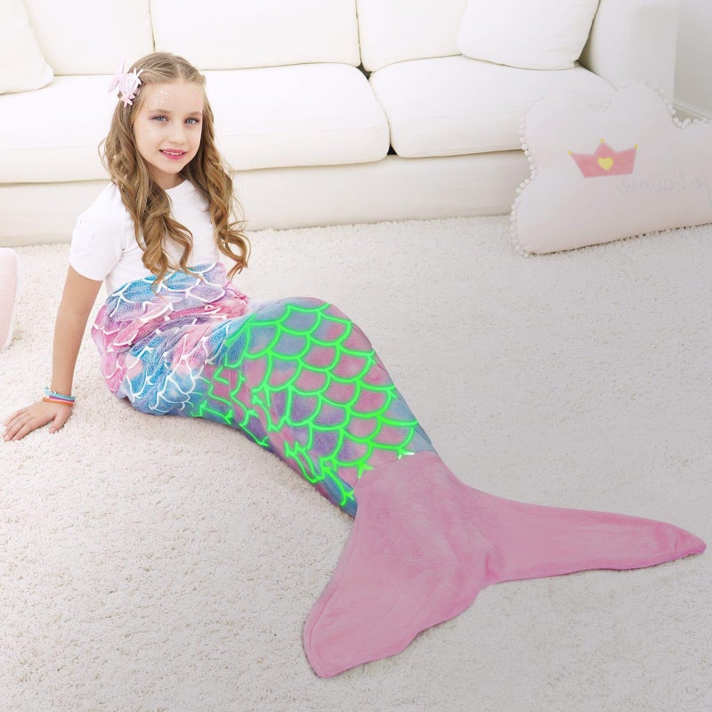 WERNNSAI Mermaid Tail Blanket for Kids Glow in The Dark Mermaid Wearable Blanket for Girls Winter Soft Flannel Scale Sleeping Bags for Kids Birthday 43 x 15 - Image 2