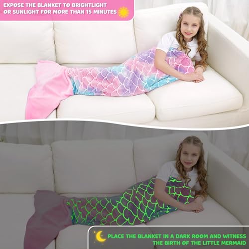 WERNNSAI Mermaid Tail Blanket for Kids Glow in The Dark Mermaid Wearable Blanket for Girls Winter Soft Flannel Scale Sleeping Bags for Kids Birthday 43 x 15 - Image 3