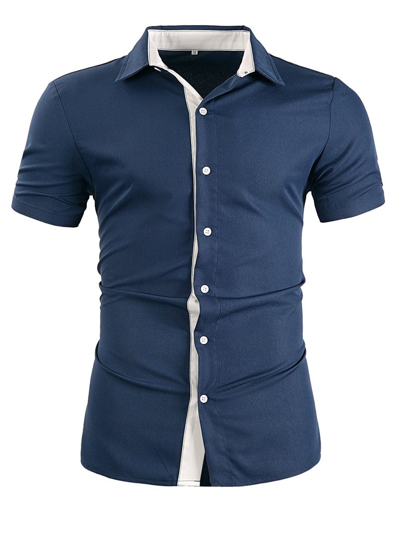 Men's Navy Blue Short Sleeve Casual Shirt Slim Fit Button-Down Top with Contrast White Placket - Image 5