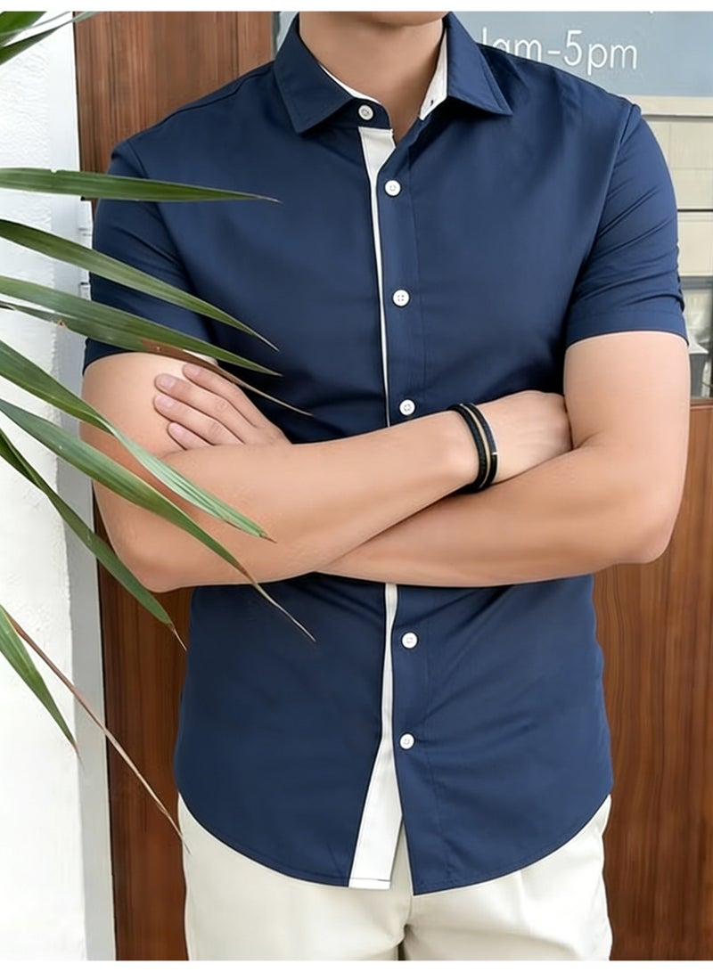 Men's Navy Blue Short Sleeve Casual Shirt Slim Fit Button-Down Top with Contrast White Placket - Image 2