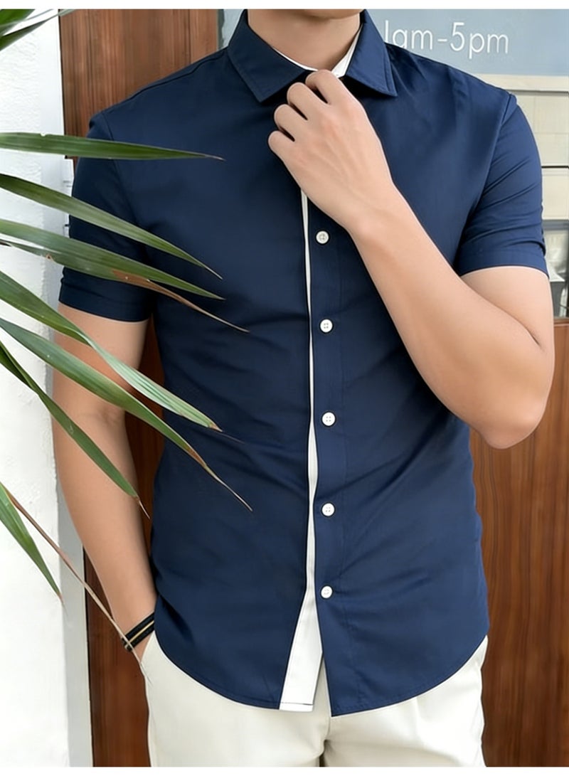 Men's Navy Blue Short Sleeve Casual Shirt Slim Fit Button-Down Top with Contrast White Placket - Image 1
