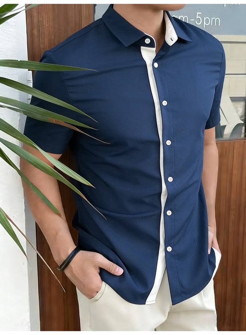 Men's Navy Blue Short Sleeve Casual Shirt Slim Fit Button-Down Top with Contrast White Placket - Image 3