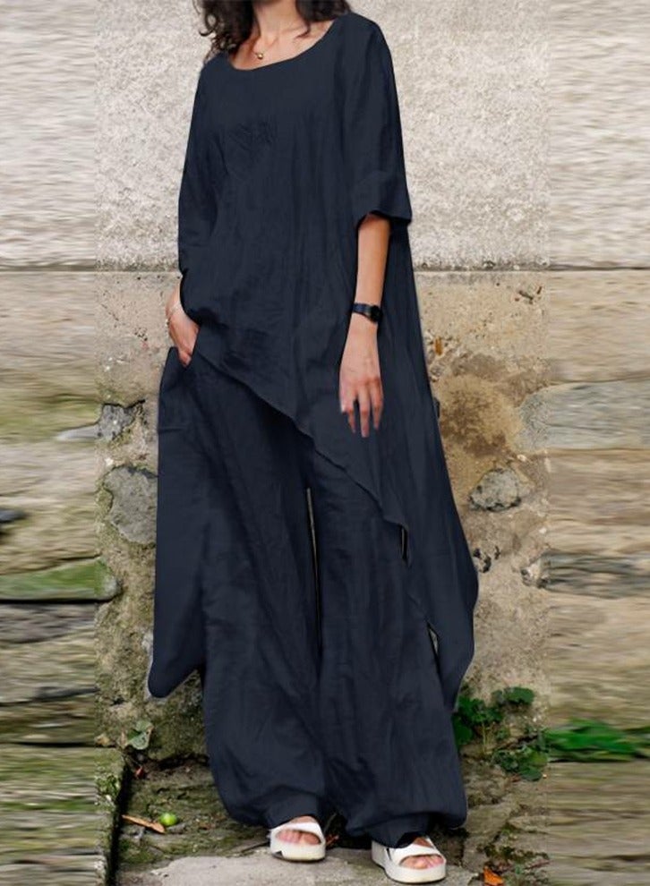 Loquat Women's Solid Casual Set Asymmetric Hem Top Blouse Loose Long Pants With Pockets 2 Piece Loungewear Navy Blue  - Image 3