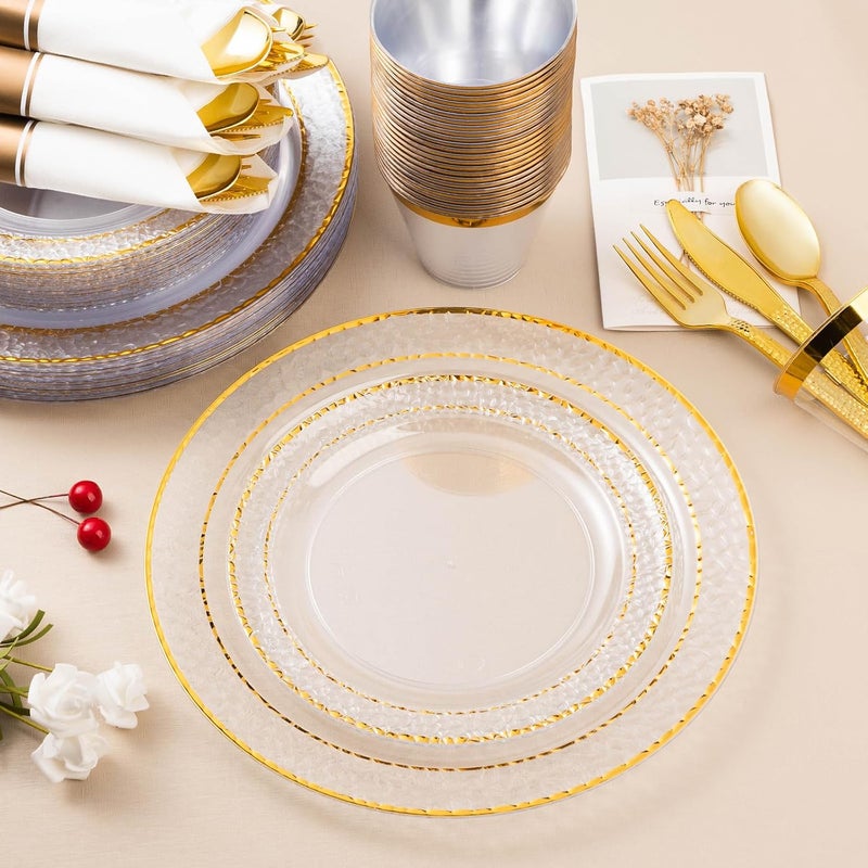 Bestluck 350PCS Clear Plastic Plates with Gold Trim for 50 Guests, Disposable Dinnerware Set for Party & Wedding, Includes 100 Plastic Plates, 50 Pre Rolled Napkins with Gold Silverware, 50 Cups - Image 4