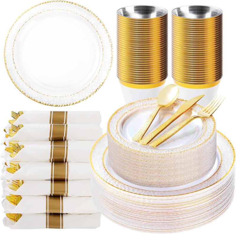Bestluck 350PCS Clear Plastic Plates with Gold Trim for 50 Guests, Disposable Dinnerware Set for Party & Wedding, Includes 100 Plastic Plates, 50 Pre Rolled Napkins with Gold Silverware, 50 Cups - Image 1