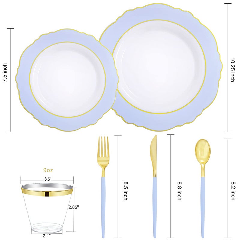 WDF 150pieces Baby Blue Plastic Plates with Gold Rim - Disposable Gold Plastic Silverware With Blue Handle-Baroque Light Blue&Gold Disposable Plates Dinnerware for Wedding/Graduation - Image 2
