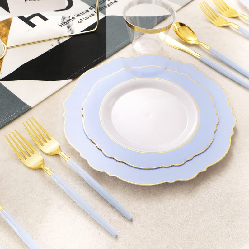 WDF 150pieces Baby Blue Plastic Plates with Gold Rim - Disposable Gold Plastic Silverware With Blue Handle-Baroque Light Blue&Gold Disposable Plates Dinnerware for Wedding/Graduation - Image 4