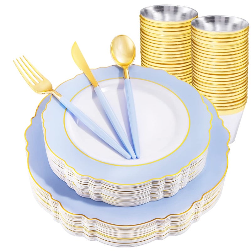 WDF 150pieces Baby Blue Plastic Plates with Gold Rim - Disposable Gold Plastic Silverware With Blue Handle-Baroque Light Blue&Gold Disposable Plates Dinnerware for Wedding/Graduation - Image 1