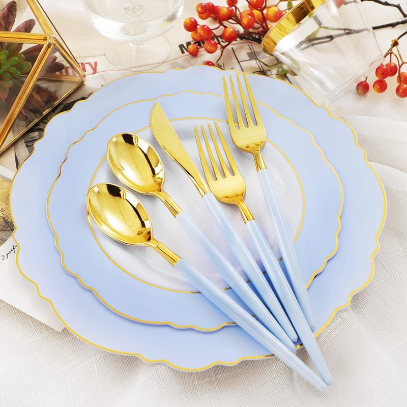 WDF 150pieces Baby Blue Plastic Plates with Gold Rim - Disposable Gold Plastic Silverware With Blue Handle-Baroque Light Blue&Gold Disposable Plates Dinnerware for Wedding/Graduation - Image 3